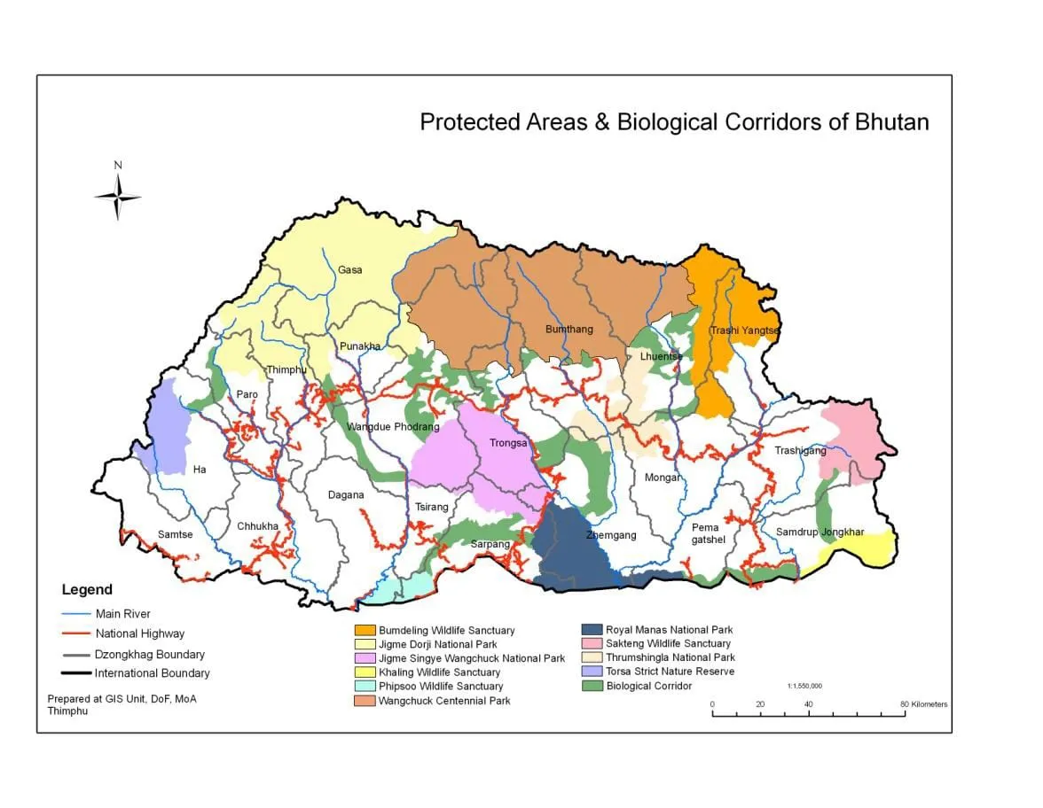 Map of Protected Areas and Biological Corridors of Bhutan showing RMNP (Source: DoFPS 2010)