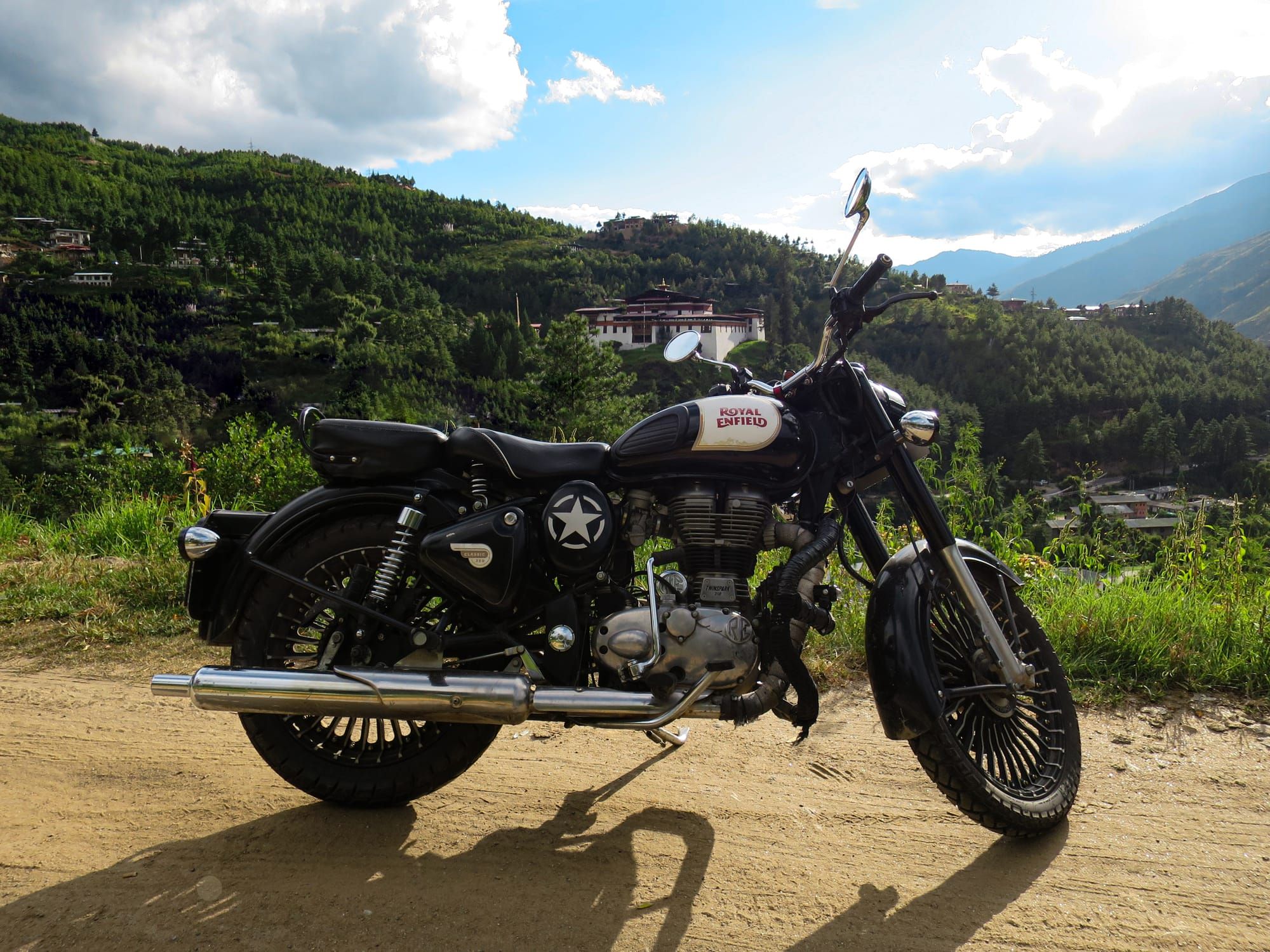 Royal Enfield classic and Simtokha Dzong
