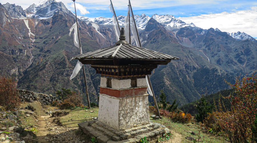 stupa with mountains